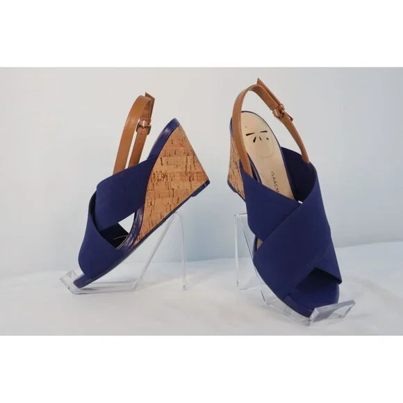 Isaac Mizrahi Navy Blue‎ Cork Wedge Sandals with Adjustable Tan Strap - Size 7W - Picture 3 of 9